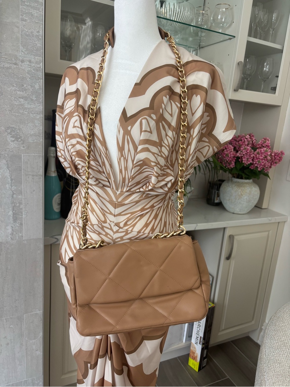 Forever 21 Quilted Shoulder Bag with Gold Chain - Tan